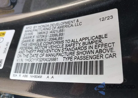 2024 Honda Accord Ex z USA, uszkodzony, nr VIN 1HGCY1F32RA026881